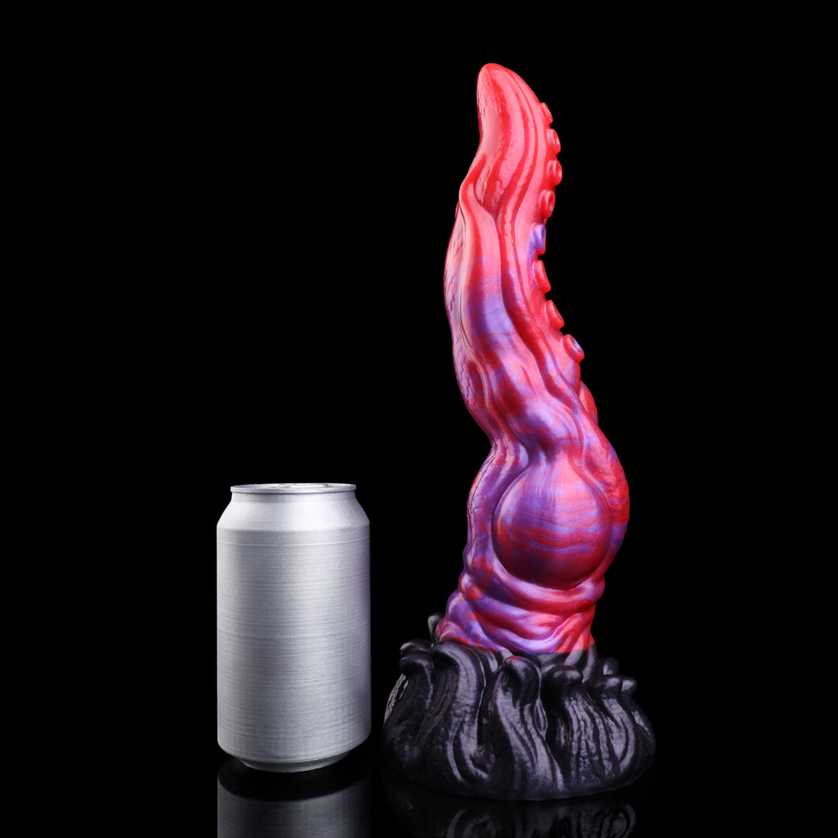 Tentakelwesen Fantasy Dildo – Dual-Saugnapf-Reihen-Tentakel, Rot-Violett-Blauviolett-Perlmuttwirbel, Kugel-Expansionszone & Schwarzer Organisch-Tentakelkranz-Saugnapf-Sockel aus Platin-Silikon