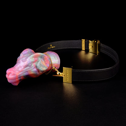 PURISM Luxury Gag Ball Widderkopf Silikon - Leather Gag Neon-Pink Vergoldete Hardware Perlglanz Mythologie
