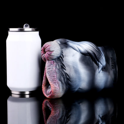 Zebra-Vulva Pocket Pussy mit Spiralanalstruktur, Schwanzstruktur & Vaginal-Anal-Doppelkanal – Stahlblaugrau-Silberweiß-Rosarosa, Muskelwülste & Platin-Silikon
