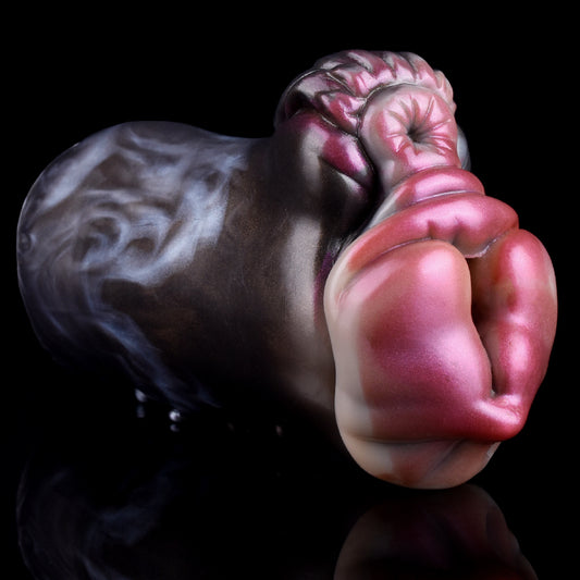 Häschen-Vulva Pocket Pussy mit Fellstruktur, Brustwarzen & Vaginal-Anal-Doppelkanal – Dunkelbraun-Karminrosa, Muskelwülste & Platin-Silikon