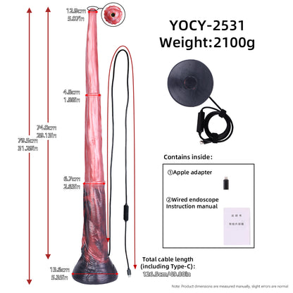 Glutwurm Long Dildo – Rosé-Pink & Perlmutt-Wolken, Dunkelrote Lavaströmungen, Violettblauer Trompetensockel & Blütenspitze mit HD-Kamera aus Platin-Silikon