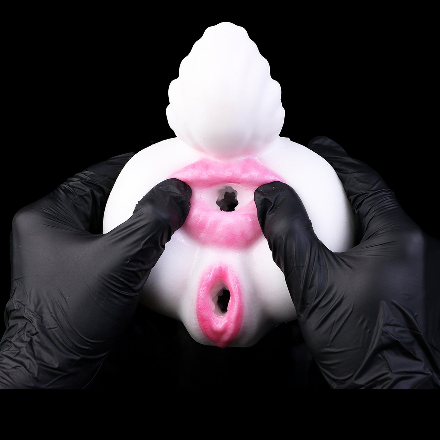 Arktischer Schneewolf Pocket Pussy – Weiß-Grau Tintenwolken, Magenta-Doppelöffnung, Wolfsschwanz & Doppelkanal aus Platin-Silikon