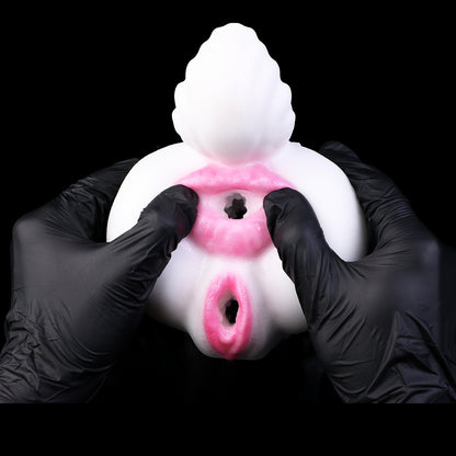 Arktischer Schneewolf Pocket Pussy – Weiß-Grau Tintenwolken, Magenta-Doppelöffnung, Wolfsschwanz & Doppelkanal aus Platin-Silikon