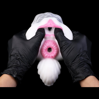 Arktischer Schneewolf Pocket Pussy – Weiß-Grau Tintenwolken, Magenta-Doppelöffnung, Wolfsschwanz & Doppelkanal aus Platin-Silikon