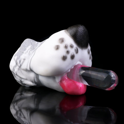 Pocket Pussy Dalmatiner-Hundemaul – Schwarze Nase, Graue Flecken, Pinke Zunge & Spiralkanal aus Platin-Silikon