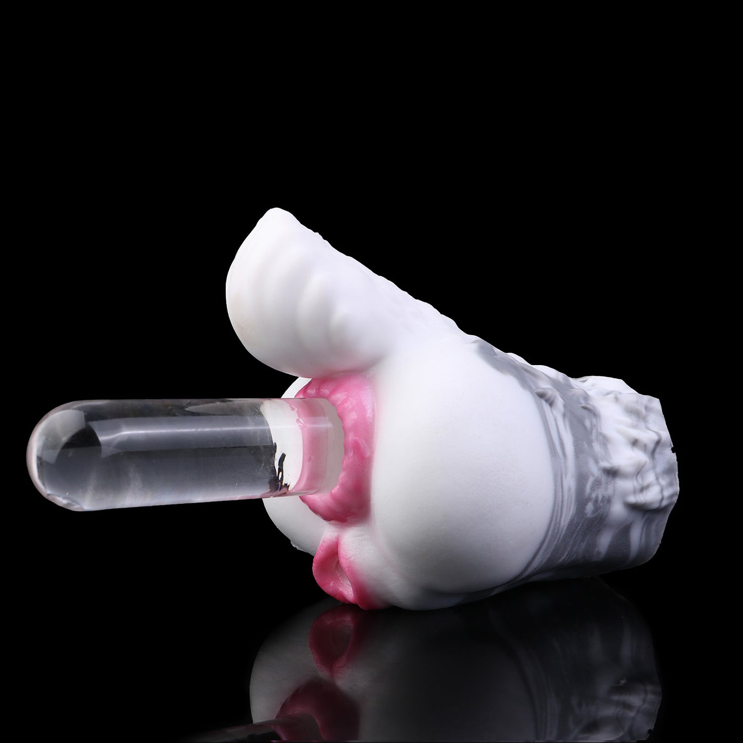 Arktischer Schneewolf Pocket Pussy – Weiß-Grau Tintenwolken, Magenta-Doppelöffnung, Wolfsschwanz & Doppelkanal aus Platin-Silikon