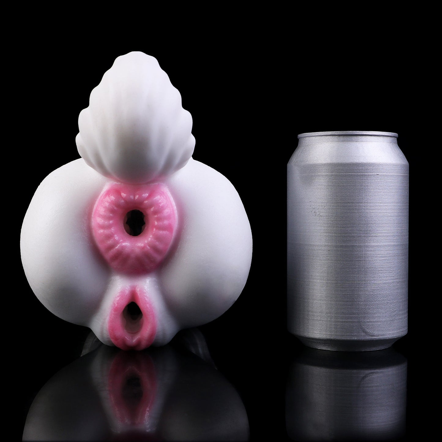 Arktischer Schneewolf Pocket Pussy – Weiß-Grau Tintenwolken, Magenta-Doppelöffnung, Wolfsschwanz & Doppelkanal aus Platin-Silikon