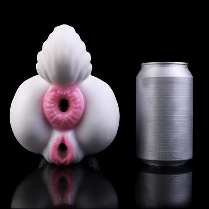 Arktischer Schneewolf Pocket Pussy – Weiß-Grau Tintenwolken, Magenta-Doppelöffnung, Wolfsschwanz & Doppelkanal aus Platin-Silikon