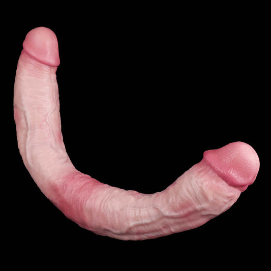 Extralanger Double Dildo in Zweifarbigem Rosenrosa – Dick & Dünn, Venenstruktur & Hautfalten für Couples aus Doppelschicht-Platin-Silikon