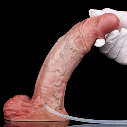 Karamell-Kurve Squirting Dildo – Warmes Karamell-Braun, Anatomische Biegung & Dreifach-Hauttextur, Dunkelschokoladen-Glans, Dunkelrosé-Hodensack & 2-Wege-Spritzsystem aus Platin-Silikon