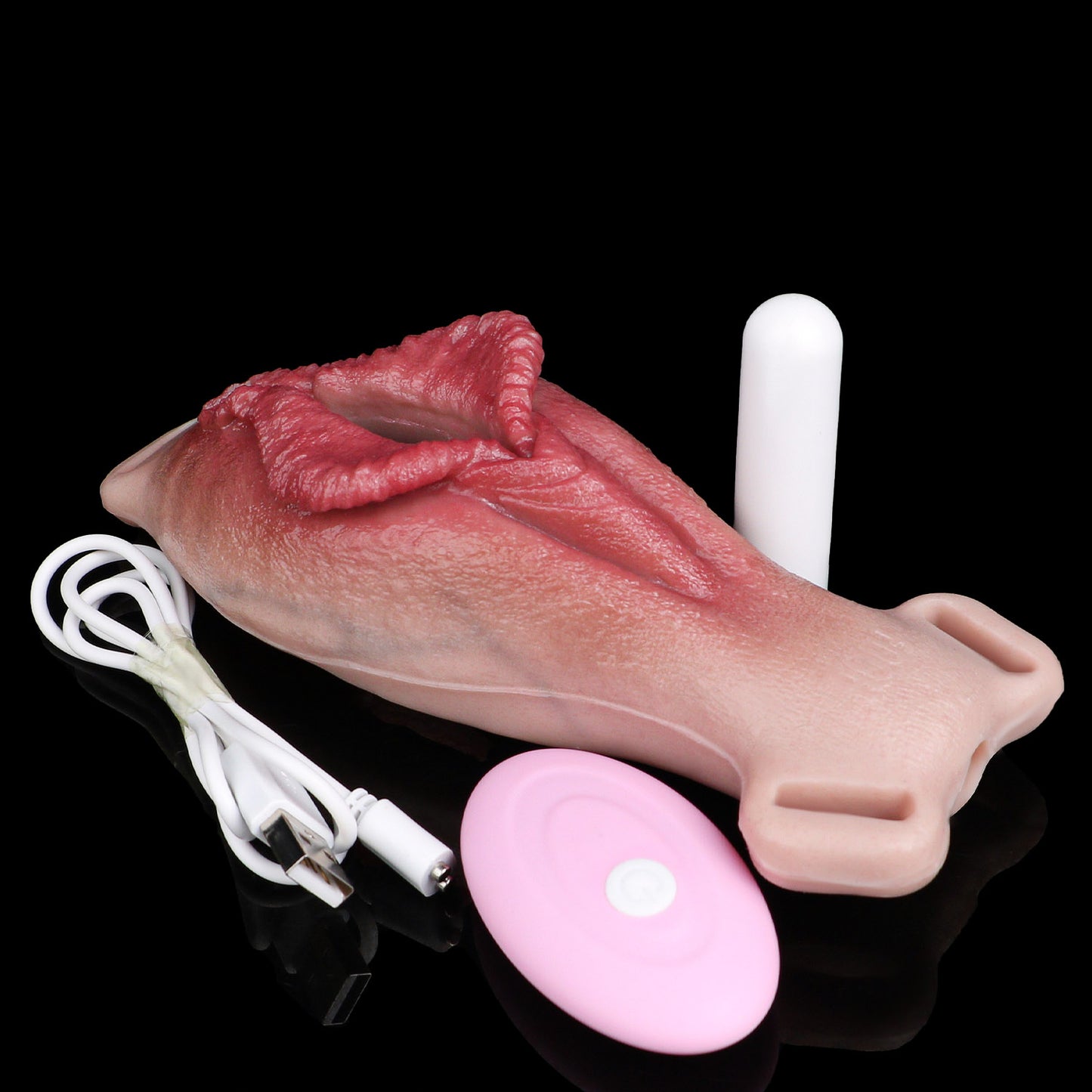 Vagina-Prothese mit umgestülpten Schamlippen & Zungennoppe – Vibration, Lederharness & Platin-Silikon für Sie & Ihn