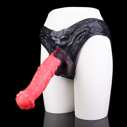Large Fantasy Dildo Platinum Silicone Strap-On - Strap-on Dildo with Demon-Harness Fire Red-Black and Anatomical Glans