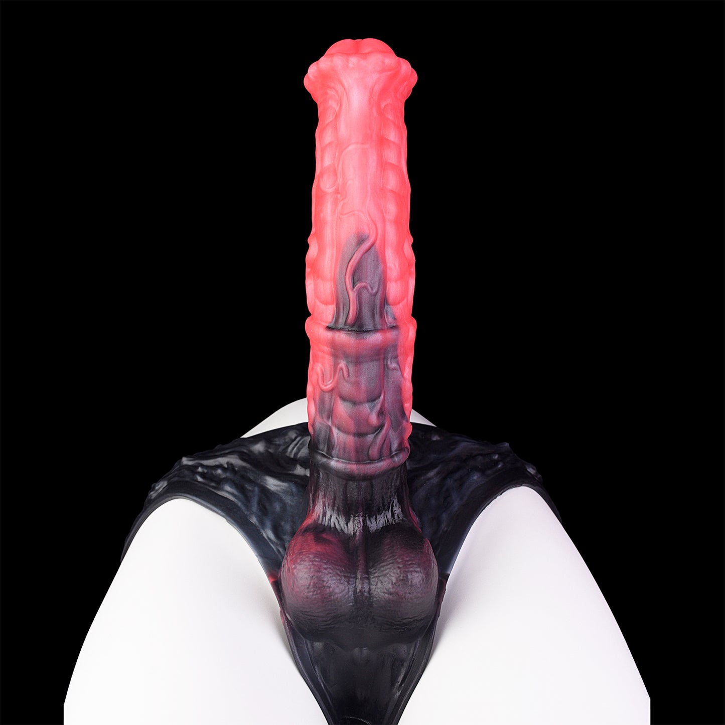 Large Fantasy Dildo Platinum Silicone Strap-On - Strap-on Dildo with Demon-Harness Fire Red-Black and Anatomical Glans