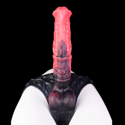 Large Fantasy Dildo Platinum Silicone Strap-On - Strap-on Dildo with Demon-Harness Fire Red-Black and Anatomical Glans