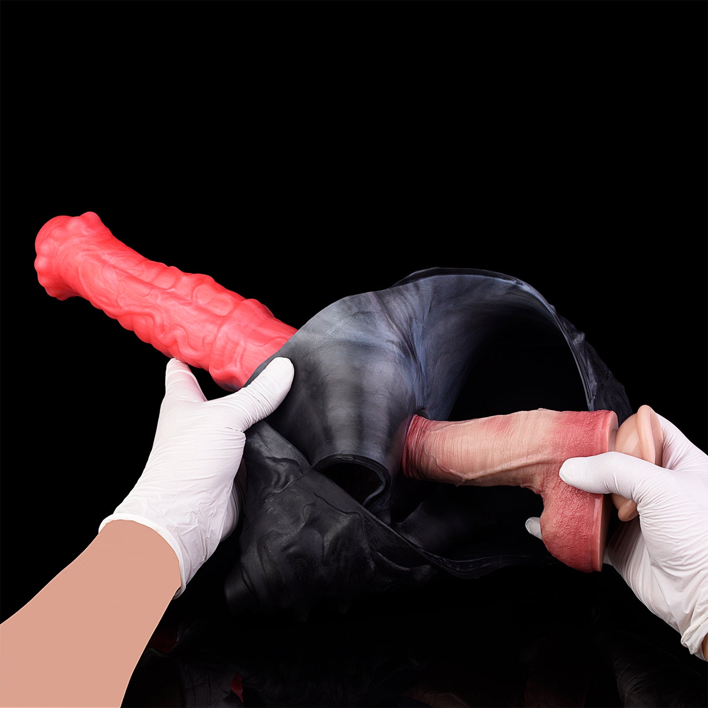 Large Fantasy Dildo Platinum Silicone Strap-On - Strap-on Dildo with Demon-Harness Fire Red-Black and Anatomical Glans