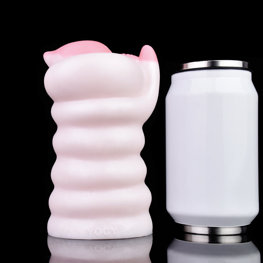 Traumwelt Pocket Pussy mit Spiralwülsten, Klitoris-Kugel & Vaginal-Anal-Doppelkanal – Perlweiß-Rosarosa, Zackennoppen-Kanal & Platin-Silikon