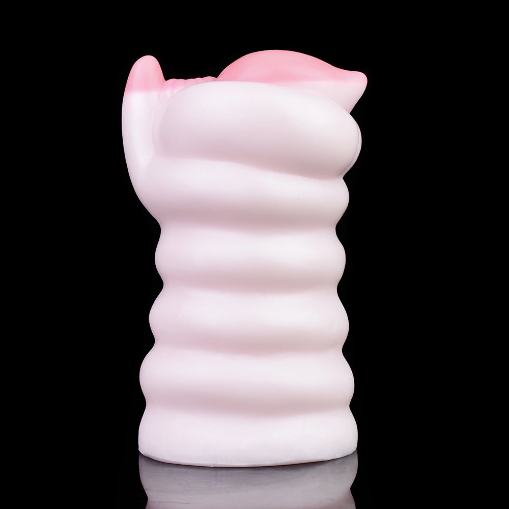 Traumwelt Pocket Pussy mit Spiralwülsten, Klitoris-Kugel & Vaginal-Anal-Doppelkanal – Perlweiß-Rosarosa, Zackennoppen-Kanal & Platin-Silikon