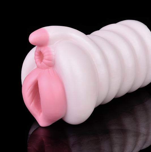 Traumwelt Pocket Pussy mit Spiralwülsten, Klitoris-Kugel & Vaginal-Anal-Doppelkanal – Perlweiß-Rosarosa, Zackennoppen-Kanal & Platin-Silikon