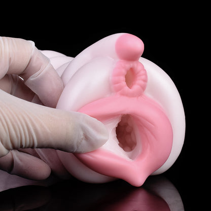 Traumwelt Pocket Pussy mit Spiralwülsten, Klitoris-Kugel & Vaginal-Anal-Doppelkanal – Perlweiß-Rosarosa, Zackennoppen-Kanal & Platin-Silikon