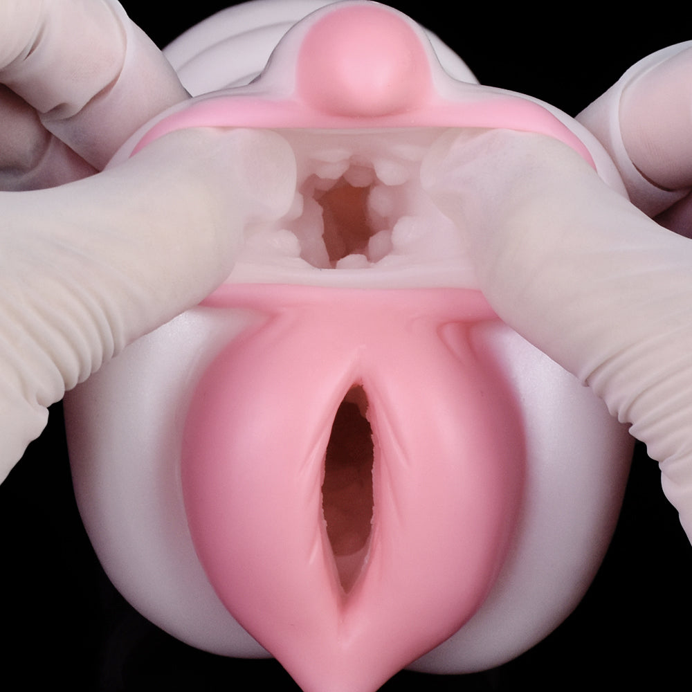 Traumwelt Pocket Pussy mit Spiralwülsten, Klitoris-Kugel & Vaginal-Anal-Doppelkanal – Perlweiß-Rosarosa, Zackennoppen-Kanal & Platin-Silikon