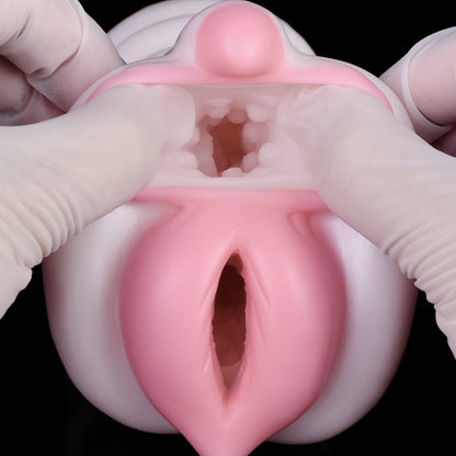 Traumwelt Pocket Pussy mit Spiralwülsten, Klitoris-Kugel & Vaginal-Anal-Doppelkanal – Perlweiß-Rosarosa, Zackennoppen-Kanal & Platin-Silikon