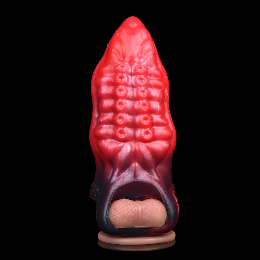 Tentakel-Penishülle in Feuerrot – Saugnapf-Textur, Vibration & Freiliegende Eichel