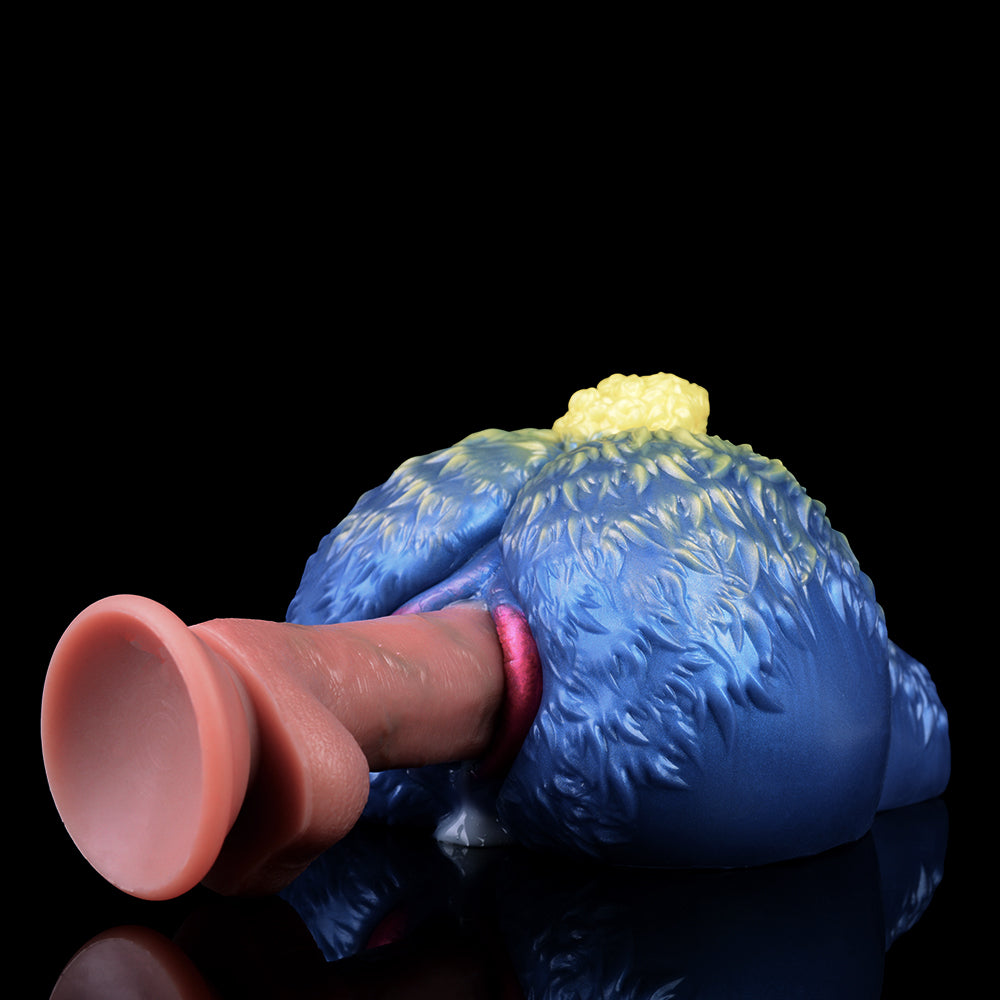 Fantasie-Kreatur Sexpuppe mit Flauschstruktur, Gelbem Schwanz & Roter Vulva – Kobaltblau-Zitronengelb-Dunkelrot & Platin-Silikon