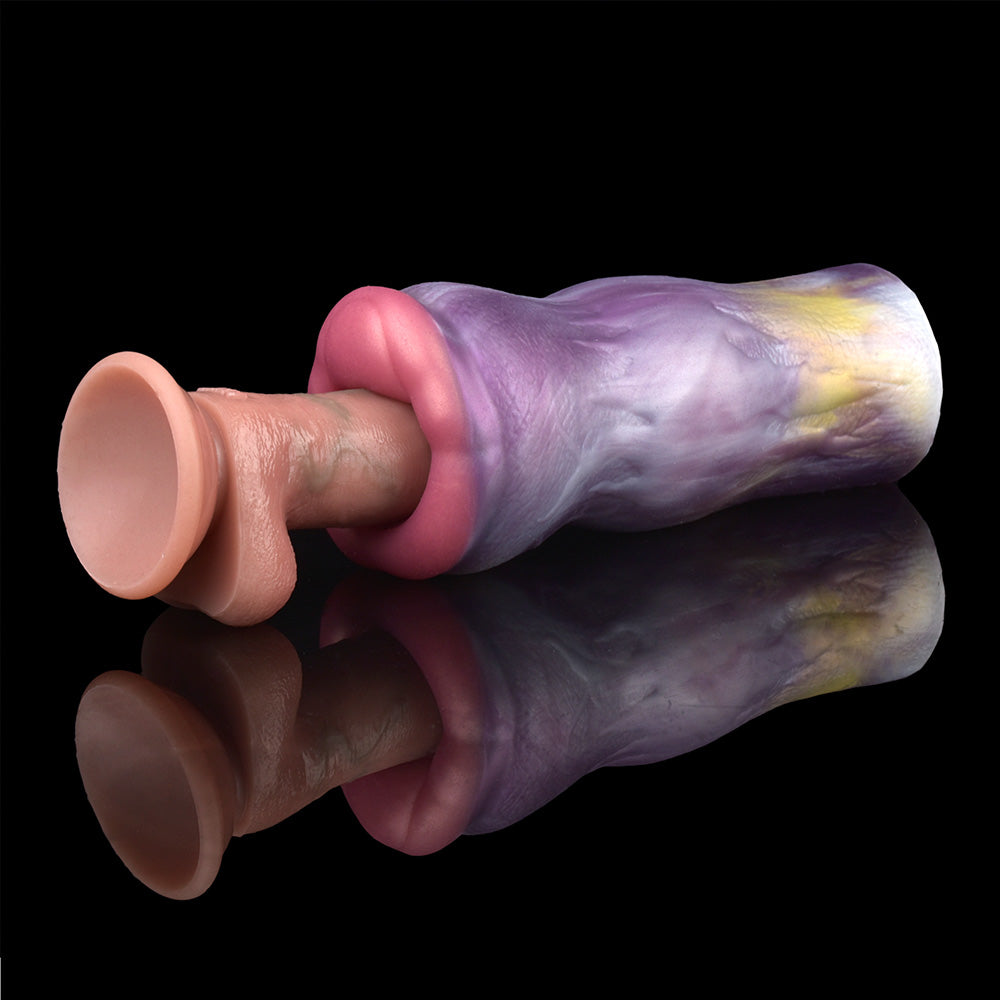Fantasy-Mund Pocket Pussy mit Wulstlippen, Zunge & Luftpumpe – Lavendelviolett-Zitronengelb-Rosarosa, Größen S & L & Platin-Silikon