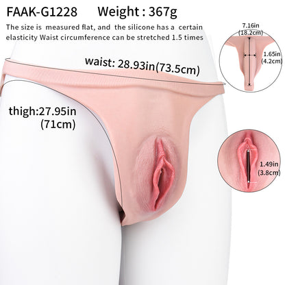 Realistic Thong Vulva Platinum Silicone T-String - Narrow Strap-On Pussy Panty with Purple Lace Thong and Inner Nubs