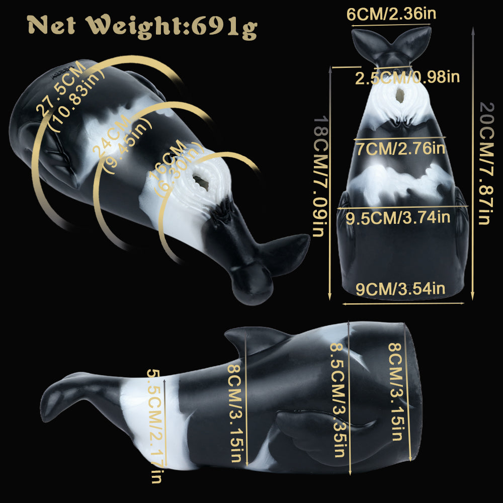 Orca Pocket Pussy mit Flossen, Schwanzflosse & Spiraleingang – Mattschwarz-Perlmuttweiß, Zackenkanal & Platin-Silikon