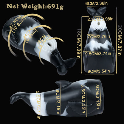 Orca Pocket Pussy mit Flossen, Schwanzflosse & Spiraleingang – Mattschwarz-Perlmuttweiß, Zackenkanal & Platin-Silikon