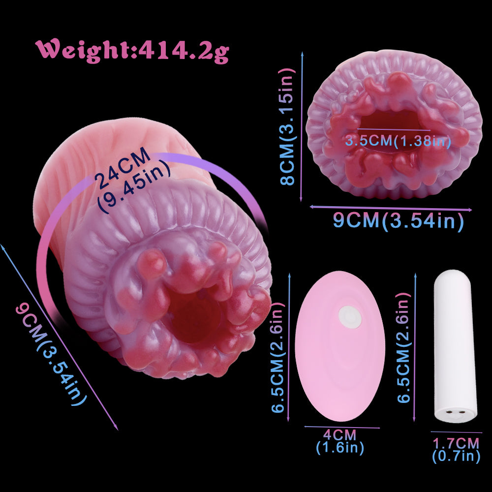 Schuppentier Mini Pocket Pussy in Rosenrosa-Hellviolett mit Korallen-Eingang, Spiralstruktur & Vibration – Perlschimmer, Fernbedienung & Platin-Silikon