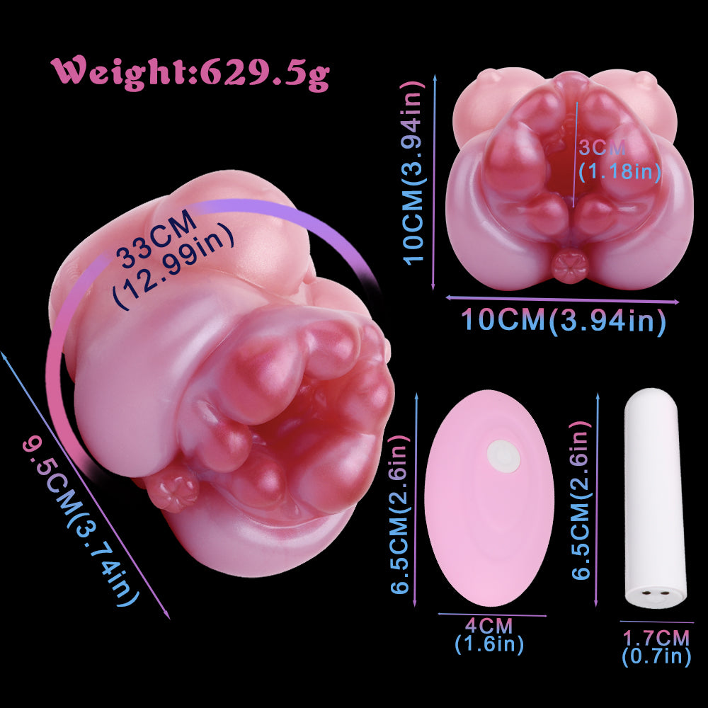 Kuh Mini Pocket Pussy in Hautfarben-Rosa mit Herzform-Eingang, Zwei Mini-Brüsten & Vibration – Perlschimmer, Realistisch & Platin-Silikon
