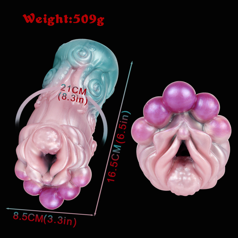 Dämonenblüte Pocket Pussy mit Fleischknollen & Tentakel-Blütenlippen – Gletscherblau-Rosa-Violett, Erweiterungskammer & Platin-Silikon