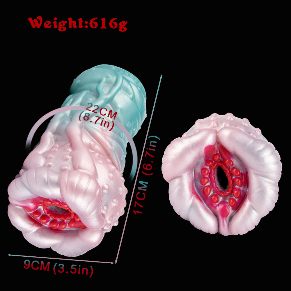 Stachelkugel Pocket Pussy mit Rotem Perlenring & Wurzelrillen – Rosarosa-Weiß-Gletscherblau, Einzelkanal & Platin-Silikon