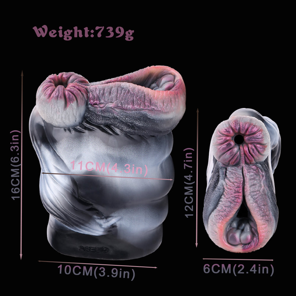Zebra-Vulva Pocket Pussy mit Spiralanalstruktur, Schwanzstruktur & Vaginal-Anal-Doppelkanal – Stahlblaugrau-Silberweiß-Rosarosa, Muskelwülste & Platin-Silikon