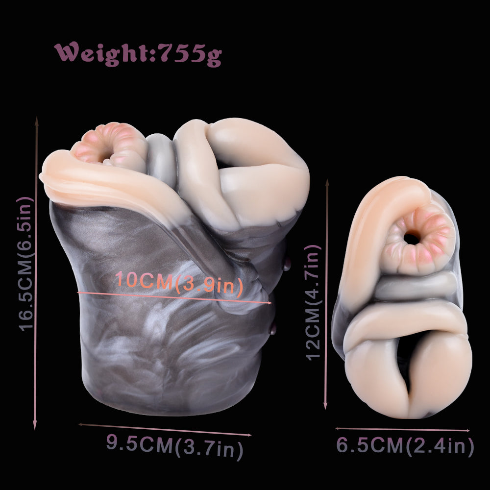Giraffen-Vulva Pocket Pussy mit Brustwarzen, Schwanzstruktur & Vaginal-Anal-Doppelkanal – Cremewiß-Silbergrau-Mattcharcoal, Muskelstruktur & Platin-Silikon