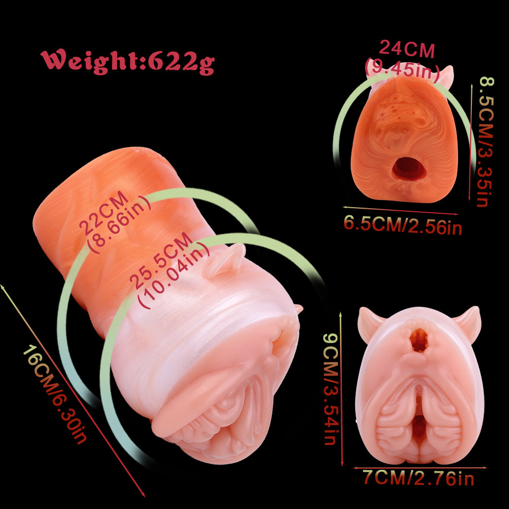 Fuchs-Vulva Pocket Pussy im Corgi-Orange mit Basis-Ohren, Rautenalöffnung & Vaginal-Anal-Doppelkanal – Pfirsich-Corgi-Orange, Wellennoppen-Kanal & Platin-Silikon