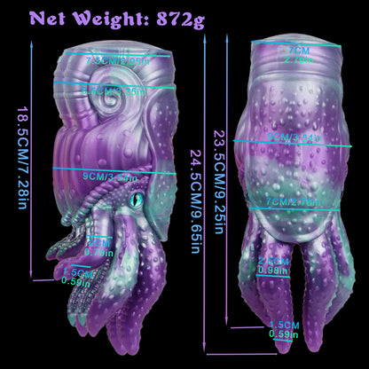 Tiefsee-Nautilus Sexpuppe mit Eisblauen Schlitzaugen, Tentakeln & Zahneingang – Tiefviolett-Eisblau, Zacken-Kugelnoppen-Kanal & Platin-Silikon