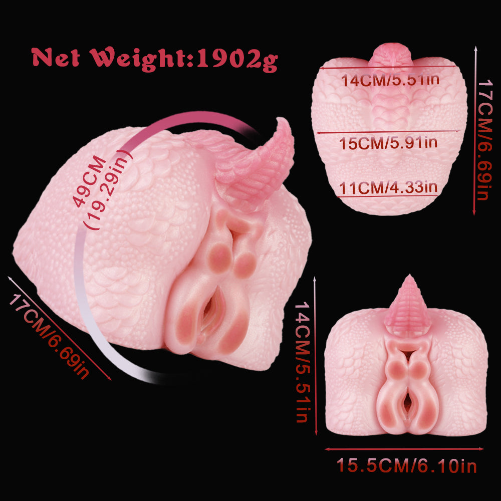 Drachen-Po Sexpuppe mit Drachenschuppen, Stachelschwanz & Doppel-Vulva – Kirschblütenrosa, Vaginal-Anal-Doppelkanal & Platin-Silikon