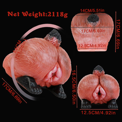 Fuchs-Po Sexpuppe mit Fellstruktur, Schwanz & Pfoten-Griff – Ziegelrot-Mattschwarz-Rosarosa, Zackennoppen-Kanal & Platin-Silikon