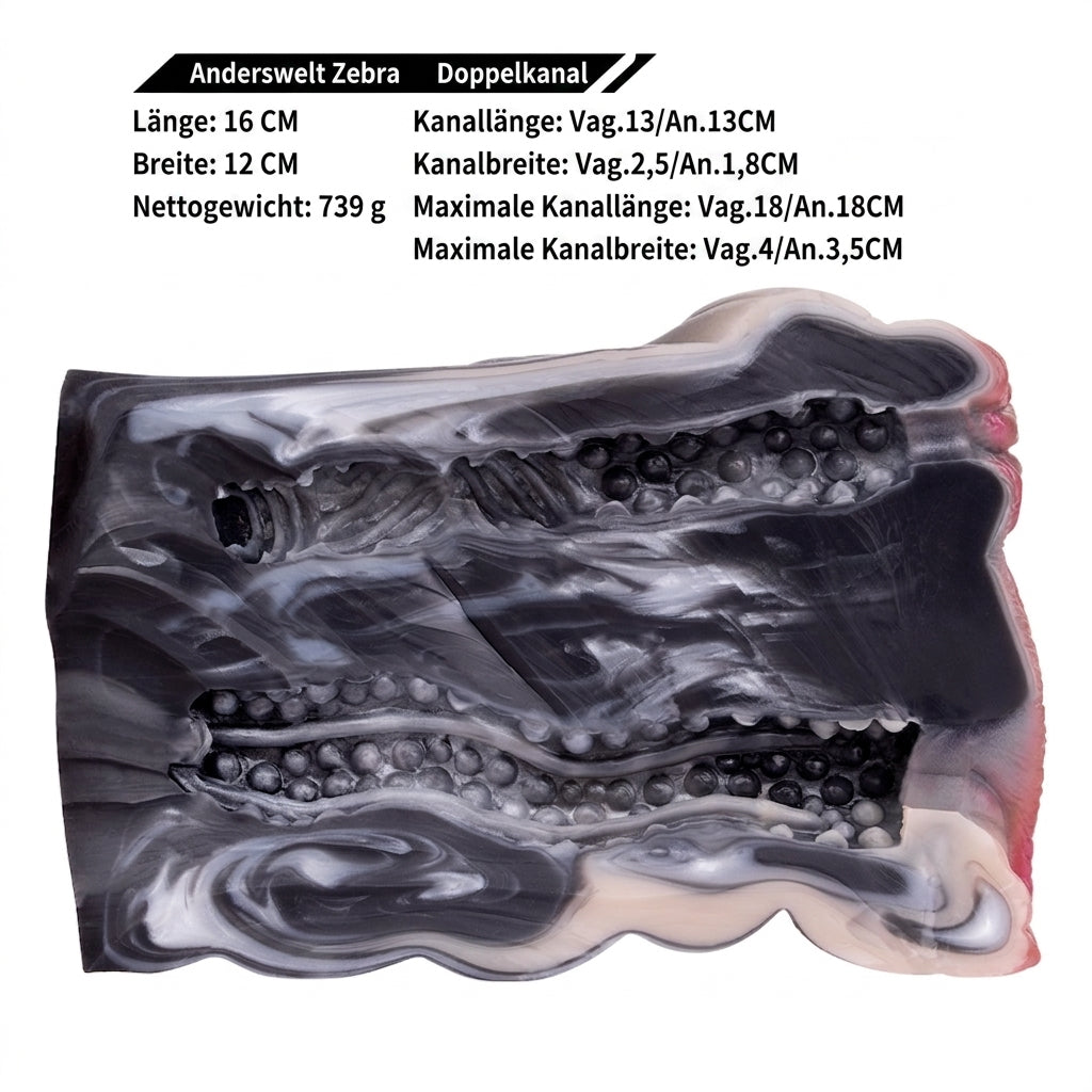 Zebra-Vulva Pocket Pussy mit Spiralanalstruktur, Schwanzstruktur & Vaginal-Anal-Doppelkanal – Stahlblaugrau-Silberweiß-Rosarosa, Muskelwülste & Platin-Silikon