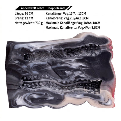 Zebra-Vulva Pocket Pussy mit Spiralanalstruktur, Schwanzstruktur & Vaginal-Anal-Doppelkanal – Stahlblaugrau-Silberweiß-Rosarosa, Muskelwülste & Platin-Silikon