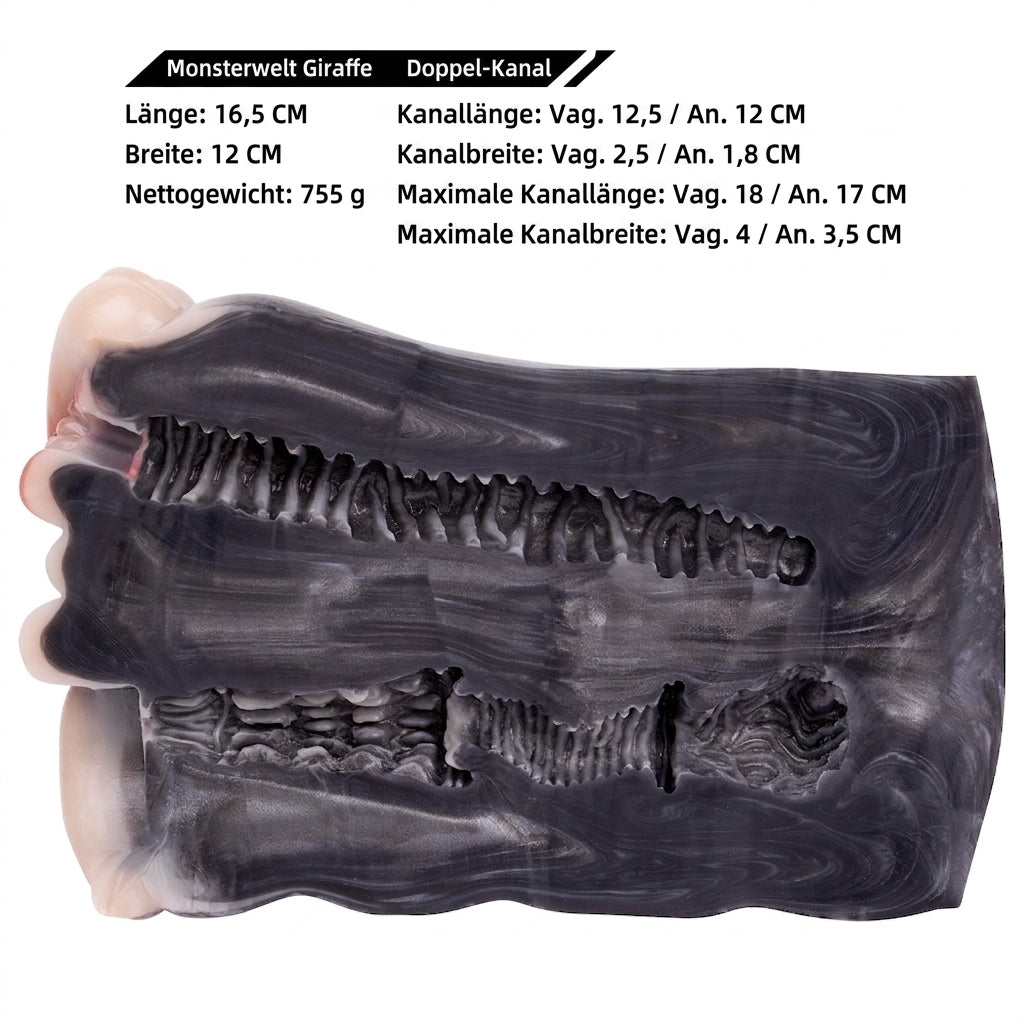 Giraffen-Vulva Pocket Pussy mit Brustwarzen, Schwanzstruktur & Vaginal-Anal-Doppelkanal – Cremewiß-Silbergrau-Mattcharcoal, Muskelstruktur & Platin-Silikon