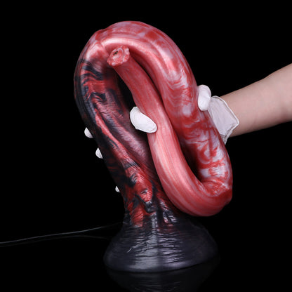 Glutwurm Long Dildo – Rosé-Pink & Perlmutt-Wolken, Dunkelrote Lavaströmungen, Violettblauer Trompetensockel & Blütenspitze mit HD-Kamera aus Platin-Silikon