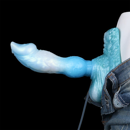 Squirting Dildo Eisblau – Spiralschaft, Kugelcluster & Drei Spritz-Modi aus Platin-Silikon