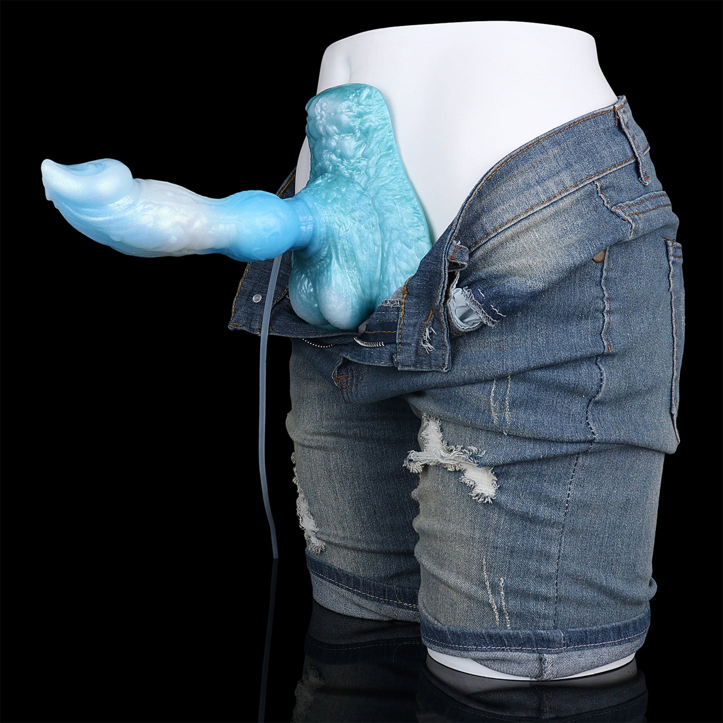 Squirting Dildo Eisblau – Spiralschaft, Kugelcluster & Drei Spritz-Modi aus Platin-Silikon