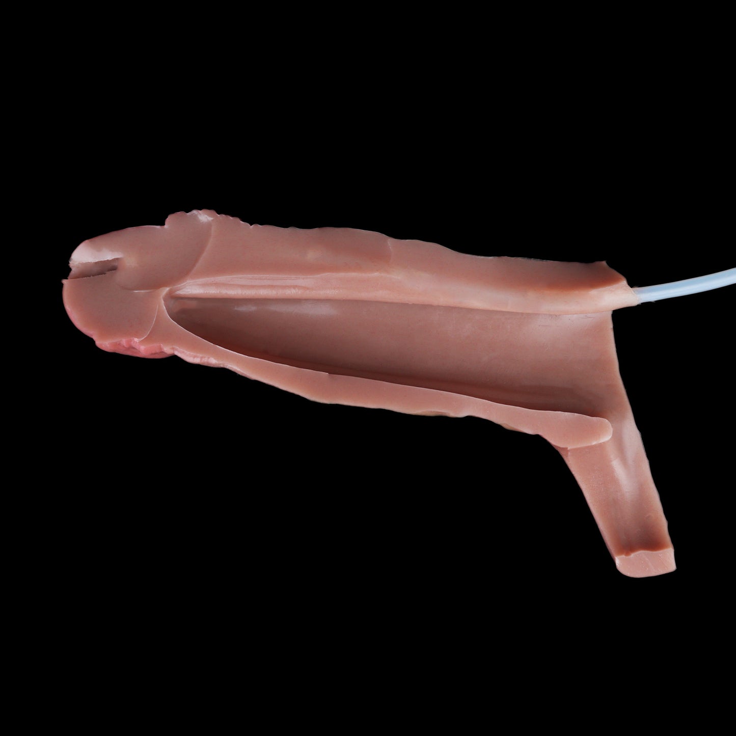 Realistischer Penis Sleeve in Hautbraun mit Venenstruktur, Hautfalten & Spritzsystem – Gummibirne & Spritze, Fixierband & Platin-Silikon