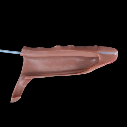 Penis Sleeve in Hell-Hautbraun mit Venenstruktur, Muskelrillen & Spritzsystem – Integrierter Fixierring, Gummibirne & Platin-Silikon