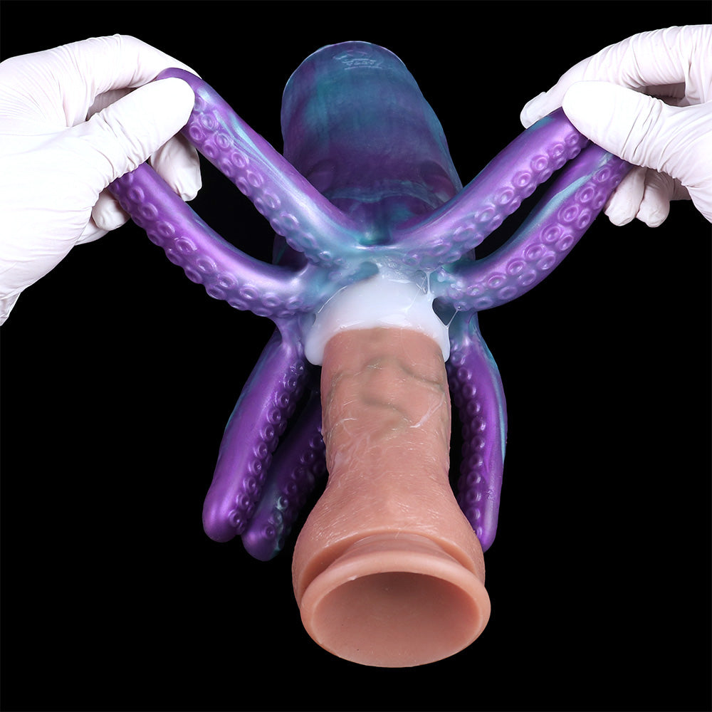 Tintenfisch Sexpuppe in Violett-Cyan mit Acht Tentakeln, Saugnäpfen & Einzelkanal – Violett-Cyan-Marmor, Vakuumpumpen-kompatibel & Platin-Silikon